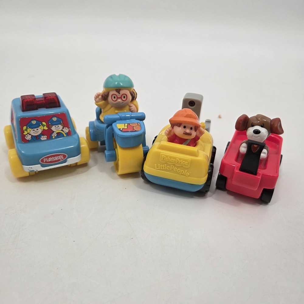 Fisher Price Little People Wheelies Lot of 4 Set Racers Cars Toy Trucks Figures
